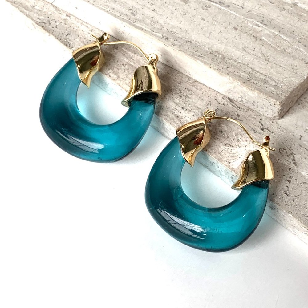 Anthropologie Teal Resin Hoop Earrings with Gold Caps